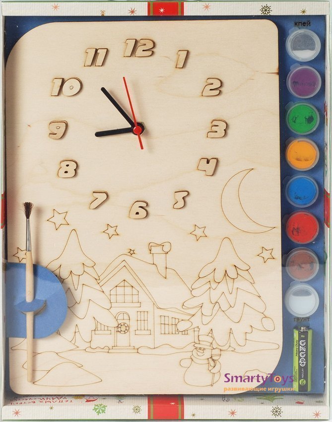 Часы с циферблатом под роспись Зимний домик с красками ДНИ124 Бэмби